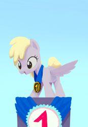 Size: 1416x2048 | Tagged: safe, artist:mandumustbasukanemen, derpy hooves, pegasus, pony, g4, atg 2024, female, filly, filly derpy hooves, foal, gradient background, happy, medal, newbie artist training grounds, number one, open mouth, open smile, podium, simple background, smiling, solo, spread wings, wings, winner, younger