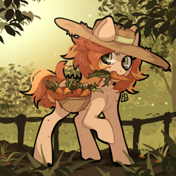 Size: 1919x1919 | Tagged: safe, artist:harald_horfager, oc, oc only, earth pony, pony, basket, carrot, farm, food, hat, herbivore, mouth hold, raised hoof, solo, straw hat