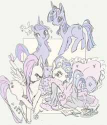 Size: 1217x1421 | Tagged: safe, artist:sofasofia, fluttershy, rarity, twilight sparkle, pegasus, pony, unicorn, g4, bathrobe, clothes, female, mare, open mouth, pillow, robe, unicorn twilight