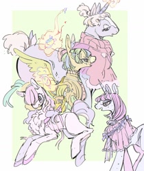 Size: 1211x1445 | Tagged: safe, artist:sofasofia, oc, oc only, earth pony, pegasus, pony, unicorn, chest fluff, clothes, horn, open mouth