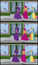 Size: 1920x3240 | Tagged: safe, artist:cartoonmasterv3, rainbow dash, sci-twi, sunset shimmer, twilight sparkle, human, undead, zombie, equestria girls, g4, british, clothes, comic, controller, dress, infected, long dress, long skirt, skirt, trio