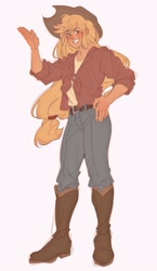 Size: 1215x2099 | Tagged: safe, artist:omgktoeto, applejack, human, g4, boots, clothes, denim, female, flannel, grin, hat, humanized, jeans, pants, shoes, simple background, smiling, solo, white background