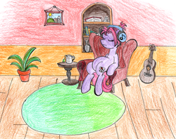 Size: 1450x1147 | Tagged: safe, artist:fleximusprime, oc, oc only, earth pony, atg 2024, earth pony oc, female, guitar, mare, musical instrument, newbie artist training grounds, relaxing, solo