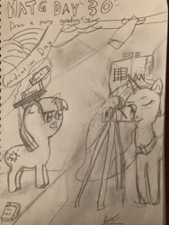 Size: 3024x4032 | Tagged: safe, artist:goldenmidnight, princess celestia, twilight sparkle, g4, book, camera, camera flashes, colored pencil drawing, female, filly, filly twilight sparkle, irl, monochrome, newbie artist training grounds, open door, paper, photo, signature, spotlight, traditional art, younger