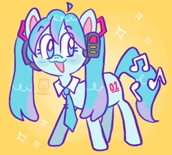 Size: 2048x1840 | Tagged: safe, artist:alexbeeza, kotobukiya, earth pony, pony, :3, female, gradient background, hatsune miku, kotobukiya hatsune miku pony, mare, music notes, open mouth, open smile, ponified, smiling, solo, vocaloid