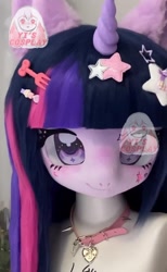 Size: 750x1217 | Tagged: safe, twilight sparkle, human, unicorn, g4, aliexpress, animegao kigurumi, clothes, collar, costume, fursuit head, horn, humanized, irl, kigurumi, mask, photo, ponysuit, solo, wig