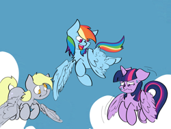 Size: 4800x3600 | Tagged: safe, artist:ponny, derpy hooves, rainbow dash, twilight sparkle, alicorn, pegasus, pony, g4, cloud, colored, female, flapping wings, flying, frown, looking at someone, mare, open mouth, open smile, shivering, sky, smiling, sweat, trio, trio female, twilight sparkle (alicorn), wings