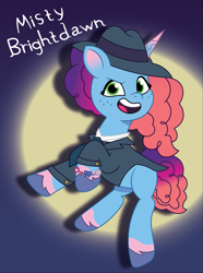 Size: 1323x1780 | Tagged: safe, artist:prixy05, misty brightdawn, pony, unicorn, g5, my little pony: tell your tale, bracelet, dark background, fedora, female, friendship bracelet, hat, horn, jewelry, mare, name, necktie, rebirth misty, solo