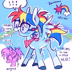 Size: 2048x2048 | Tagged: safe, artist:alexbeeza, rainbow dash, pegasus, pony, g4, 2021, alternate cutie mark, alternate design, alternate mane color, alternate tail color, bandana, big glasses, blue coat, blue hooves, blush scribble, blushing, coat markings, colored belly, colored hooves, colored pinnae, colored wings, colored wingtips, concave belly, eyebrows, eyebrows visible through hair, female, glasses, high res, hooves, leg fluff, mare, multicolored mane, multicolored tail, neckerchief, nerd, open mouth, open smile, outline, pale belly, pink eyes, ponytail, purple text, rainbow, rainbow crash, redesign, sky background, small eyes, smiling, socks (coat markings), solo, spread wings, tail, tall ears, text, three toned mane, three toned tail, tied mane, tri-color mane, tri-color tail, tri-colored mane, tri-colored tail, tricolor mane, tricolor tail, tricolored mane, tricolored tail, two toned wings, wall of tags, watermark, white wingtips, wings