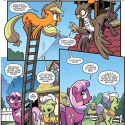 Size: 1049x1047 | Tagged: safe, artist:pencils, idw, official comic, applejack, cheerilee, granny smith, grievance, earth pony, griffon, pony, friendship is magic #70, g4, spoiler:comic, abuse, attack, female, jackabuse, ladder, pain, school