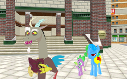 Size: 1920x1200 | Tagged: safe, artist:puzzlshield2, discord, spike, oc, oc:puzzle shield, alicorn, draconequus, dragon, pony, dungeons and discords, g4, 3d, book, character swap, journal #3, mmd, not trixie, recreation, trio, wingless spike