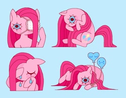 Size: 1804x1416 | Tagged: safe, artist:kuromimittenz, pinkie pie, earth pony, pony, g4, balloon, blue background, crying, eyepatch, female, heart, heart balloon, lying down, mare, pinkamena diane pie, prone, simple background, sitting, solo