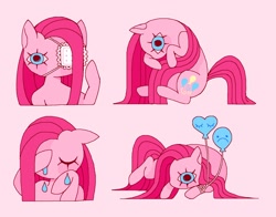 Size: 1804x1416 | Tagged: safe, alternate version, artist:kuromimittenz, pinkie pie, earth pony, pony, g4, balloon, crying, eyepatch, female, heart, heart balloon, lying down, mare, pinkamena diane pie, prone, simple background, sitting, solo