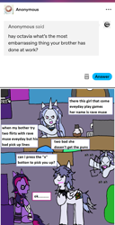 Size: 1055x2063 | Tagged: safe, artist:ask-luciavampire, oc, oc only, oc:kale sage, oc:octavia maple, oc:rave muse, pegasus, pony, unicorn, ask, cafe, coffee, horn, tumblr, tumblr:ask-ponys-gamers-cafe