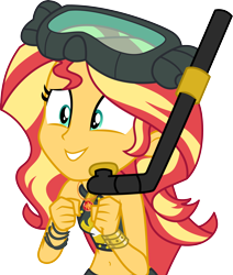 Size: 3000x3532 | Tagged: safe, artist:cloudy glow, sunset shimmer, equestria girls, g4, my little pony equestria girls: better together, unsolved selfie mysteries, belly, belly button, clothes, dive mask, geode of empathy, goggles, goggles on head, magical geodes, midriff, simple background, smiling, snorkel, solo, swimsuit, transparent background, vector, wristband