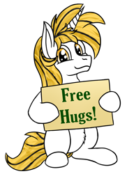 Size: 1840x2529 | Tagged: safe, oc, oc only, oc:srok, pony, unicorn, free hugs, horn, sign, simple background, sitting, solo, transparent background