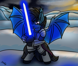 Size: 4123x3480 | Tagged: safe, oc, oc only, bat pony, pony, armor, jedi, lightsaber, mountain, sky, solo, star wars, stars, sunset, weapon