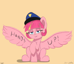 Size: 2300x2000 | Tagged: safe, artist:psychotix, oc, oc only, oc:sweet serving, pegasus, pony, eyeshadow, lidded eyes, looking at you, makeup, pegasus oc, police, police hat, police officer, police pony, raised hoof, simple background, smiling, smirk, spread wings, wings, writing