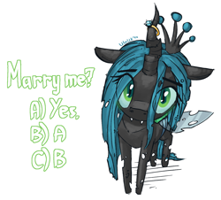 Size: 1548x1400 | Tagged: safe, artist:uteuk, queen chrysalis, changeling, changeling queen, g4, blushing, cute, cute little fangs, cutealis, fangs, jewelry, looking at you, ring, simple background, solo, wedding ring, white background