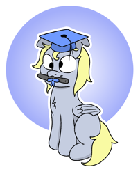 Size: 872x1078 | Tagged: safe, artist:doodledonutart, derpy hooves, pony, g4, atg 2024, graduation cap, hat, mouth hold, newbie artist training grounds, solo
