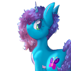 Size: 2048x2048 | Tagged: safe, artist:cupute, misty brightdawn, pony, unicorn, g5, blue coat, blue fur, chromatic aberration, colored sketch, curly hair, curly mane, curly tail, cute, cutie, doodle, ear fluff, gradient mane, green eyes, halfbody, horn, long ears, looking at you, looking to the left, mistybetes, multicolored hair, multicolored mane, multicolored tail, ombre hair, png, rebirth misty, shading, shiny mane, simple background, sketch, smiling, smiling at you, solo, tail, transparent background, turned away