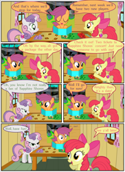 Size: 2700x3713 | Tagged: safe, artist:gm-scoots, apple bloom, scootaloo, sweetie belle, earth pony, pegasus, pony, unicorn, comic:bleeding hearts, g4, comic, cutie mark crusaders, female, filly, foal, horn, lesbian, ship:scootabloom, shipping