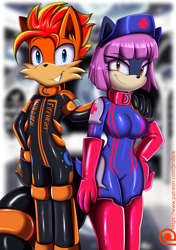 Size: 2013x2860 | Tagged: safe, artist:pridark, oc, oc only, oc:fireheart(fire), oc:nurse lavender blossom, mobian, anthro, alternate universe, clothes, crossover, fireheart76's latex suit design, gloves, latex, latex boots, latex gloves, latex suit, prisoners of the moon, rubber, rubber gloves, rubber suit, sonicified, species swap