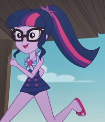 Size: 930x1079 | Tagged: safe, screencap, sci-twi, twilight sparkle, equestria girls, g4, my little pony equestria girls: better together, x marks the spot, bare arms, bare legs, bare shoulders, blue hair, clothes, cloud, dock, glasses, legs, one-piece swimsuit, open mouth, open smile, pink and purple streaks, ponytail, purple eyes, purple skin, running, sandals, sci-twi swimsuit, sky, sleeveless, smiling, solo, swimsuit, tail
