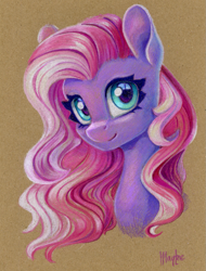 Size: 913x1200 | Tagged: safe, artist:maytee, starsong, pegasus, pony, g3, brown background, bust, female, mare, portrait, simple background, smiling, solo, toned paper, traditional art