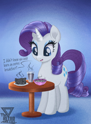 Size: 1700x2300 | Tagged: safe, artist:theretroart88, rarity, sweetie belle, pony, unicorn, g4, sisterhooves social, 2d, bowl, breakfast, burnt, cooking, cute, dialogue, eyeshadow, female, food, glass, grainy, horn, implied sweetie belle, makeup, movie accurate, open mouth, plate, solo, sweetie belle can't cook, sweetie fail, table