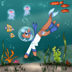 Size: 3000x3000 | Tagged: safe, artist:aasuri-art, oc, oc only, oc:coral blue, earth pony, fish, jellyfish, pony, algae, bangs, braid, bubble, clothes, coral, crepuscular rays, detailed, detailed background, female, fish tail, flower, flowing mane, flowing tail, glowing, glowing eyes, glowing mane, high res, leg warmers, looking up, mare, ocean, open mouth, sand, scarf, seaweed, solo, sunlight, swimming, tail, underwater, water