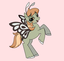 Size: 1890x1800 | Tagged: safe, artist:cry4nne, oc, oc only, oc:wildflower spritz, butterfly, butterfly pony, hybrid, pony, antennae, artfight, butterfly wings, colored, colored hooves, eyebrows, eyebrows visible through hair, eyelashes, female, flat colors, freckles, gift art, gray hooves, hooves, lidded eyes, mare, open mouth, open smile, orange eyes, orange mane, orange tail, pink background, rearing, simple background, smiling, solo, tail, two toned mane, two toned tail, unshorn fetlocks, watermark, wings
