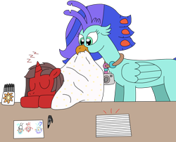 Size: 2630x2127 | Tagged: safe, artist:supahdonarudo, oc, oc only, oc:ironyoshi, oc:sea lilly, classical hippogriff, hippogriff, unicorn, atg 2024, blanket, camera, horn, jewelry, mouth hold, necklace, newbie artist training grounds, onomatopoeia, paper, pen, simple background, sleeping, sound effects, table, transparent background, zzz