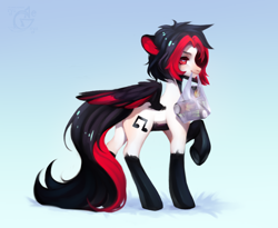 Size: 2200x1800 | Tagged: oc name needed, source needed, safe, artist:ryusya, oc, oc only, pegasus, pony, bag, coat markings, colored ears, colored pinnae, colored wings, colored wingtips, dark belly, drink, energy drink, gradient background, light blue background, looking at you, monster energy, mouth hold, plastic bag, raised hoof, red eyes, simple background, smug, socks (coat markings), soda can, solo, wings