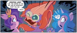 Size: 1334x574 | Tagged: safe, artist:amy mebberson, idw, izzy moonbow, pipp petals, seapony (g4), squid, g5, my little pony: set your sail, set your sail #3, spoiler:comic, spoiler:g5comic, creeping jenny, dialogue, emanata, female, fin, fin wings, fins, floppy ears, flowing mane, gasp, horn, jewelry, necklace, ocean, onomatopoeia, open mouth, pearl necklace, regalia, sea pony (g5), seaponified, seapony izzy moonbow, seapony pipp petals, species swap, speech bubble, swimming, tail, teeth, throne room, trio, underwater, water, wings