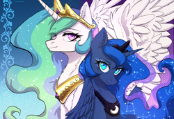 Size: 2789x1919 | Tagged: safe, artist:avrameow, princess celestia, princess luna, alicorn, pony, g4, crown, duo, duo female, ear fluff, ethereal mane, eye clipping through hair, eyebrows, eyebrows visible through hair, female, high res, jewelry, large wings, mare, peytral, regalia, royal sisters, siblings, sisters, starry mane, wings