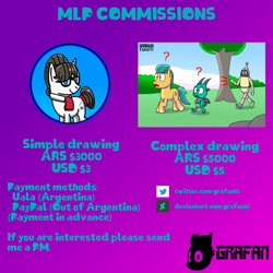 Size: 2500x2500 | Tagged: safe, artist:gradiusfanatic, hitch trailblazer, raven, sparky sparkeroni, dragon, earth pony, robot, unicorn, g4, g5, advertisement, commission, commission info, female, gradient background, horn, male