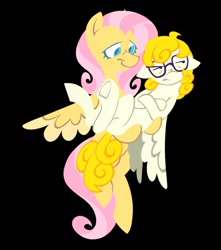 Size: 1054x1190 | Tagged: safe, artist:partyponypower, fluttershy, surprise, pegasus, pony, g1, g4, alternate accessories, alternate design, alternate universe, black background, blue eyelashes, colored, colored eyelashes, colored wings, colored wingtips, cream wingtips, crossed hooves, curly mane, curly tail, duo, duo female, eyelashes, female, flat colors, flying, frown, glasses, gold mane, gold tail, height difference, holding a pony, lidded eyes, lineless, looking at someone, looking away, mare, narrowed eyes, no catchlights, pink mane, pink tail, pouting, raised leg, simple background, small eyes, smiling, smiling at someone, tail, teal eyelashes, teal eyes, two toned mane, two toned tail, two toned wings, white coat, wings, wings down, yellow coat, yellow mane, yellow tail