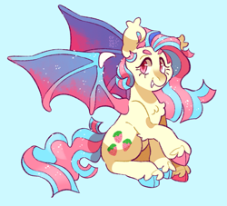 Size: 1995x1814 | Tagged: safe, artist:cocopudu, oc, oc only, oc:sour kid, bat pony, pony, artfight, bat pony oc, blue background, candy, cheek fluff, chest fluff, cloven hooves, coat markings, colored eyebrows, colored hooves, colored muzzle, colored pinnae, colored pupils, colored wings, cream coat, ear tufts, edible mane, edible tail, eyelashes, facial markings, fangs, food, gift art, hock fluff, hooves, long mane, long tail, looking away, mismatched hooves, multicolored hooves, multicolored wings, multicolored wingtips, not flutterbat, not fluttershy, pink eyes, pink pupils, raised hoof, simple background, sitting, slit pupils, smiling, snip (coat marking), solo, sparkly mane, sparkly tail, spread wings, straight mane, straight tail, tail, two toned mane, two toned pinnae, two toned tail, unshorn fetlocks, watermark, wings