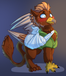 Size: 1780x2048 | Tagged: safe, artist:witchtaunter, oc, oc only, oc:pavlos, griffon, bandage, beak, broken bone, broken wing, cast, cheek fluff, claws, clothes, colored wings, commission, eared griffon, flushed, gradient background, griffon oc, injured, non-pony oc, nonbinary, sling, solo, tail, wings