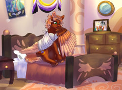 Size: 3017x2237 | Tagged: safe, artist:malinraf1615, oc, oc only, oc:golden flare, pegasus, pony, bandage, bed, bedroom, broken bone, broken wing, cast, colored hooves, colored wings, commission, freckles, grooming, hooves, injured, male, nonbinary, pegasus oc, photo, picture frame, ponified, preening, short tail, sling, solo, species swap, stallion, tail, unshorn fetlocks, wings