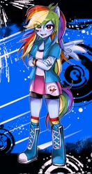 Size: 1078x2048 | Tagged: safe, artist:pulse, rainbow dash, human, equestria girls, g4, abstract background, boots, clothes, compression shorts, crossed arms, eye clipping through hair, female, jacket, looking at you, open mouth, ponied up, pony ears, shirt, shoes, skirt, smiling, socks, solo, vest, wings, wristband