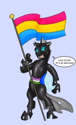 Size: 1486x2436 | Tagged: safe, artist:termyotter, oc, oc only, oc:macrophage, changeling, bipedal, changeling oc, dialogue, fangs, genderqueer pride flag, holding flag, looking down, open mouth, open smile, pansexual pride flag, pride, pride flag, sharp teeth, shiny body, smiling, solo, speech bubble, talking, teeth, text