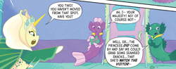 Size: 894x351 | Tagged: safe, artist:amy mebberson, idw, official comic, queen calla lily, seapony (g4), g5, my little pony: set your sail, set your sail #3, spoiler:comic, spoiler:g5comic, bust, clothes, crown, door, dorsal fin, dress, female, fin, fins, fish tail, floppy ears, flowing mane, flowing tail, gem, green eyes, horn, jewelry, male, necklace, ocean, open mouth, pearl necklace, portrait, regalia, sea pony (g5), swimming, tail, teeth, throne room, underwater, unnamed character, unnamed seapony, water