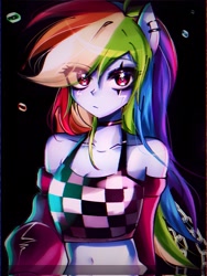 Size: 1537x2048 | Tagged: safe, artist:pulse, rainbow dash, human, equestria girls, g4, bare shoulders, belly, belly button, black background, breasts, checkered shirt, choker, cleavage, clothes, detached sleeves, ear piercing, eye clipping through hair, female, looking at you, midriff, piercing, pony ears, simple background, solo