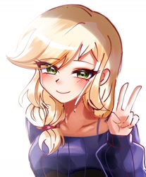 Size: 1211x1462 | Tagged: safe, artist:pulse, applejack, human, equestria girls, g4, clothes, cute, eye clipping through hair, eyebrows, eyebrows visible through hair, female, hatless, jackabetes, lidded eyes, looking at you, missing accessory, peace sign, simple background, smiling, solo, sweater, white background