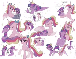 Size: 2048x1583 | Tagged: safe, artist:petaltwinkle, princess cadance, twilight sparkle, alicorn, pony, unicorn, g4, backwards cutie mark, bags under eyes, big eyes, blue bow, blushing, book, boop, bow, cheek squish, colored, colored sketch, colored wings, colored wingtips, cross-popping veins, crown, curly mane, curly tail, cute, cutedance, daaaaaaaaaaaw, doodle dump, doodle page, drool, duo, duo female, emanata, eye clipping through hair, eyebrows, eyebrows visible through hair, eyelashes, eyes closed, facing each other, female, filly, filly twilight sparkle, flat colors, floppy ears, flying, folded wings, frown, glasses, glowing, glowing horn, hair bow, height difference, hoof hold, horn, jewelry, lidded eyes, long horn, looking at each other, looking at someone, looking at something, lying down, magic, mare, multicolored mane, multicolored tail, narrowed eyes, noseboop, nuzzling, open book, open mouth, open smile, peytral, photo, pink coat, pink wingtips, ponytail, pouting, profile, prone, purple coat, purple eyes, purple magic, quill pen, raised hoof, raised leg, reading, regalia, round glasses, shiny eyes, sibling love, simple background, sisterly love, sisters-in-law, sketch, sketch dump, sleeping, smiling, smiling at each other, sparkles, spread wings, squishy cheeks, standing, straight mane, straight tail, sweet dreams fuel, tail, teen princess cadance, telekinesis, text, three toned mane, three toned tail, tiara, tied mane, tired eyes, tired twilight, tri-color mane, tri-color tail, tri-colored mane, tri-colored tail, tricolor mane, tricolor tail, tricolored mane, tricolored tail, twiabetes, twilight sparkle (alicorn), two toned wings, unicorn horn, unicorn twilight, wall of tags, white background, wing shelter, wings, young cadance, younger