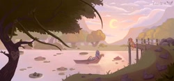 Size: 1686x784 | Tagged: safe, artist:batzybear, izzy moonbow, sunny starscout, earth pony, frog, pony, unicorn, g5, boat, bridge, duo, duo female, female, forest, heart, horn, lake, lesbian, lilypad, mare, moon, nature, pier, scenery, ship:moonscout, shipping, tree, water