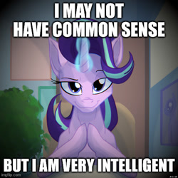 Size: 500x500 | Tagged: safe, artist:sixes&sevens, starlight glimmer, pony, unicorn, g4, caption, glowing, glowing horn, horn, image macro, looking at you, solo, text