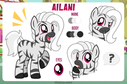 Size: 1100x732 | Tagged: safe, artist:jennieoo, oc, oc only, oc:ailani, pony, zebra, commission, confused, curious, eye, eyes, fangs, question mark, reference sheet, show accurate, smiling, solo, vector